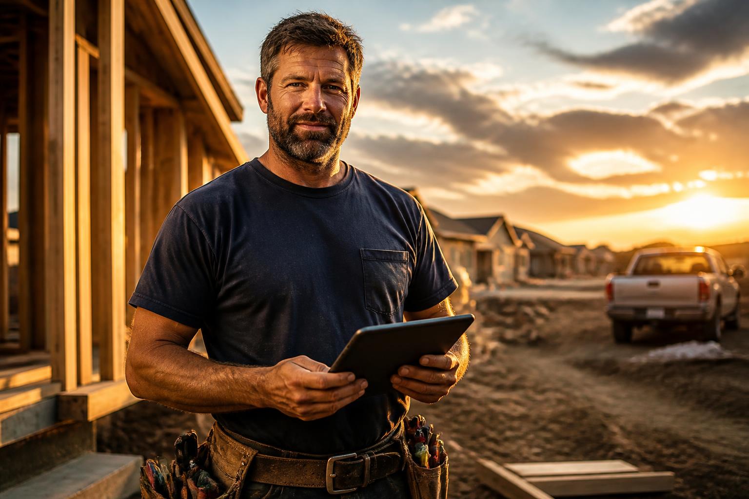 General contractor on jobsite holding a tablet at golden hour